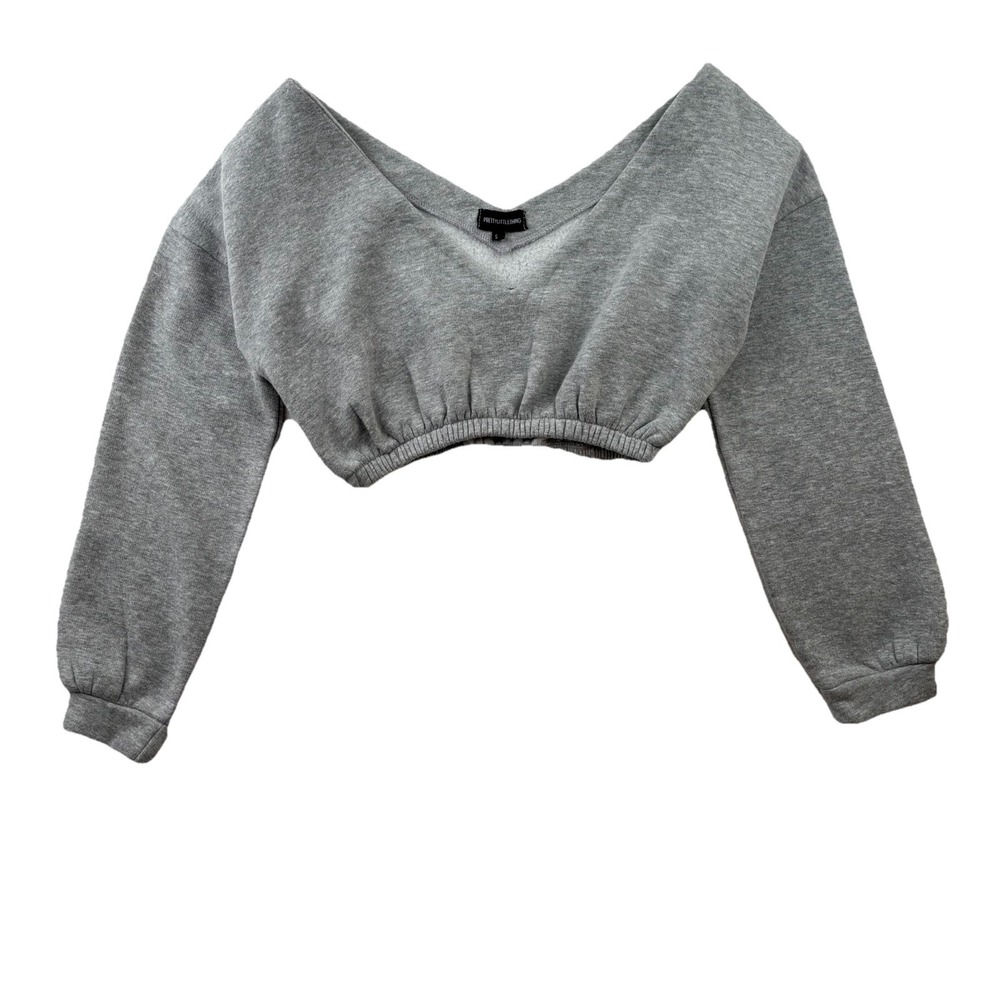 PrettyLittleThing Grey Cropped‎ Sweatshirt V Neck Athleisure Streetwear S